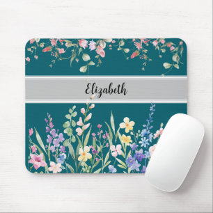 Floral Garden Monogram Script Dark Teal Mouse Mat