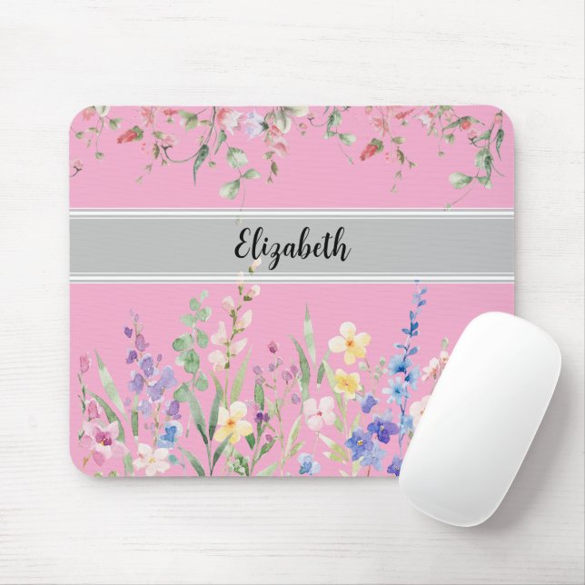 Floral Garden Monogram Script Light Pink Mouse Mat (With Mouse)