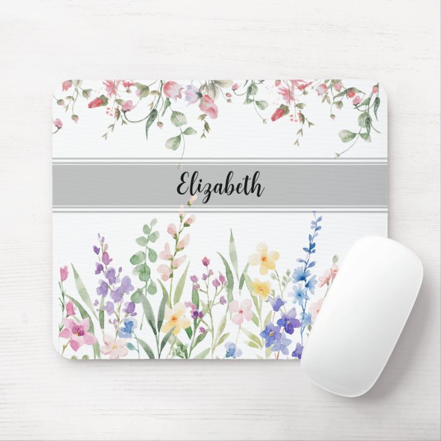 Floral Garden Monogram Script White Mouse Mat (With Mouse)