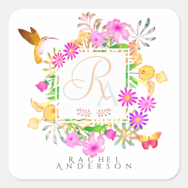 Floral Garden Monogram Square Sticker (Front)