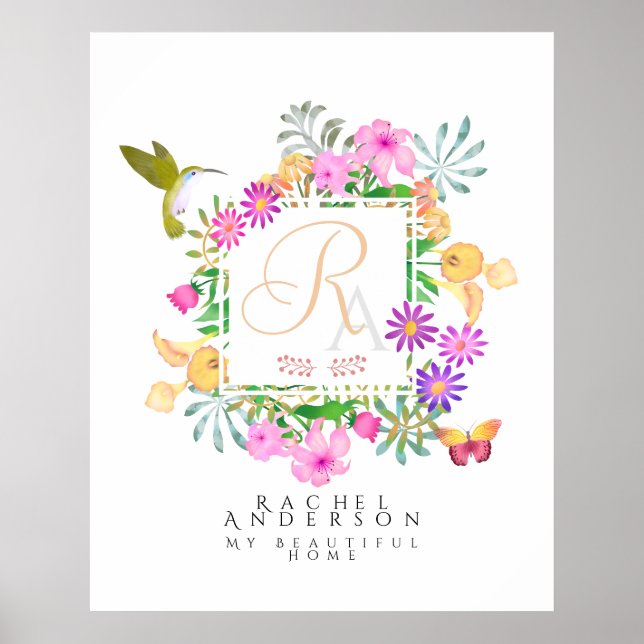 Floral Garden Monogram White Poster (Front)