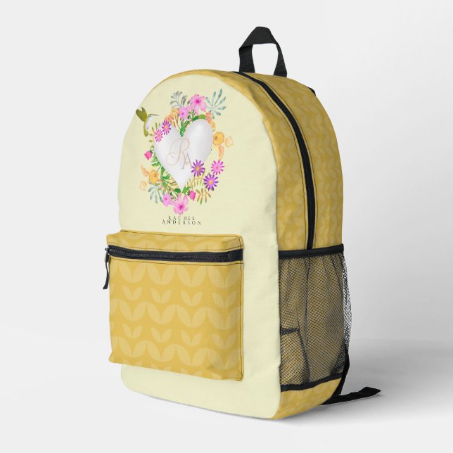 Floral Garden Monogram Yellow Printed Backpack (Back Corner Right)