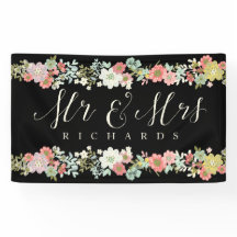 Floral Garden Mr & Mrs Wedding Script Banner