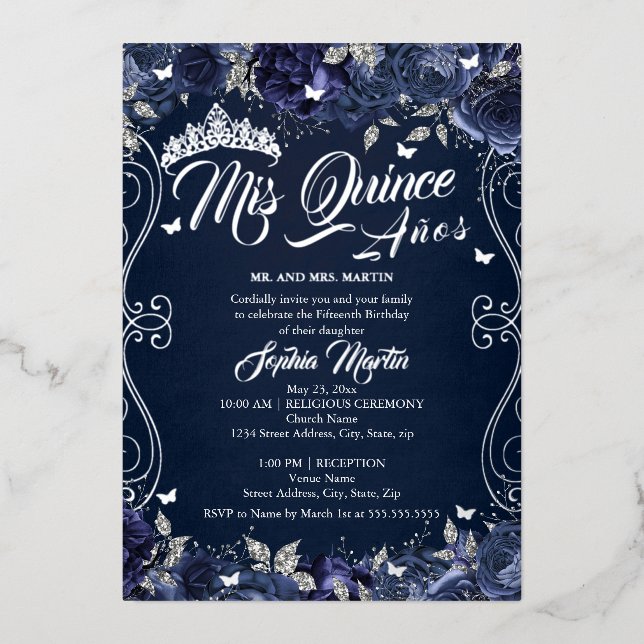 Floral Garden Navy Silver Mis Quince Quinceanera  (Front)