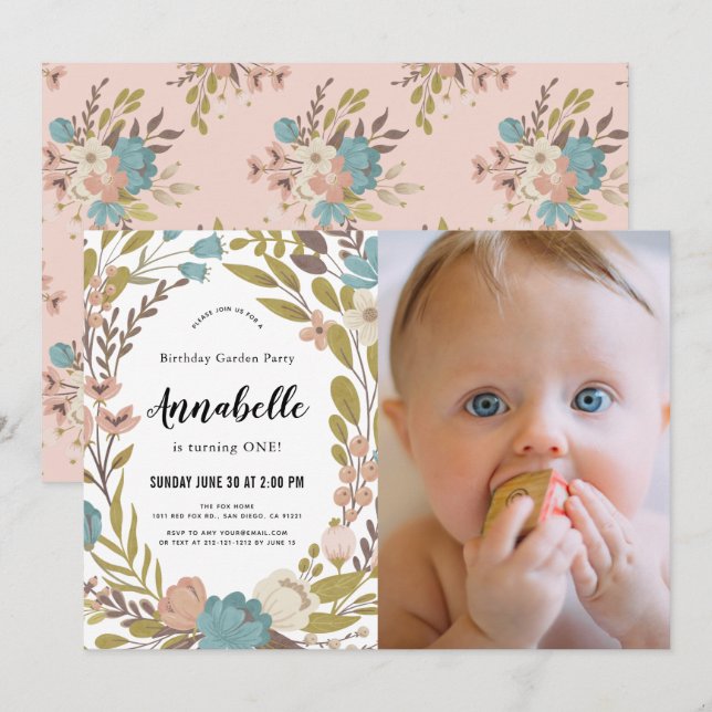 Floral Garden Party White Photo 1st Birthday Invitation (Front/Back)