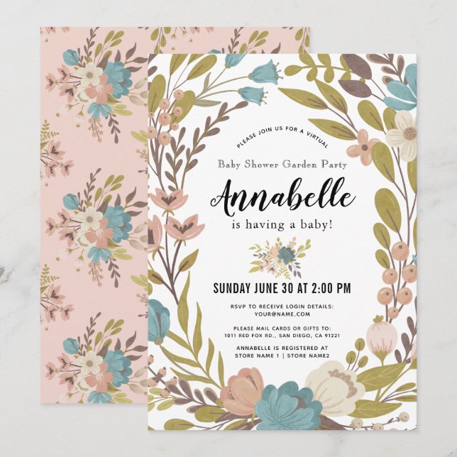 Floral Garden Party White Virtual Baby Shower Invitation (Front/Back)