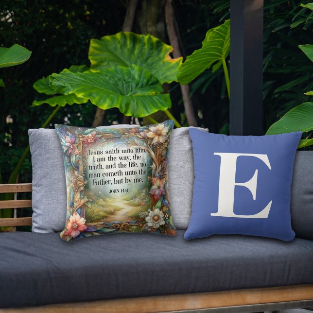Floral Garden Path Scripture Blue Monogram  Cushion (Creator Uploaded)