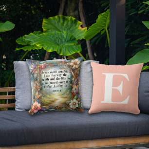 Floral Garden Path Scripture Peach Monogram  Cushion