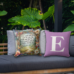 Floral Garden Path Scripture Purple Monogram  Cushion