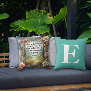Floral Garden Path Scripture Teal Monogram Cushion