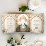 Floral Garden Peacocks Indian Palace Wedding Tri-Fold Invitation<br><div class="desc">Amaze your guests with this elegant wedding invite featuring beautiful peacocks and vintage arches with QR Code for online RSVP or venue location. Simply add your event details on this easy-to-use template and adorn this card with your favourite photo to make it a one-of-a-kind invitation.</div>