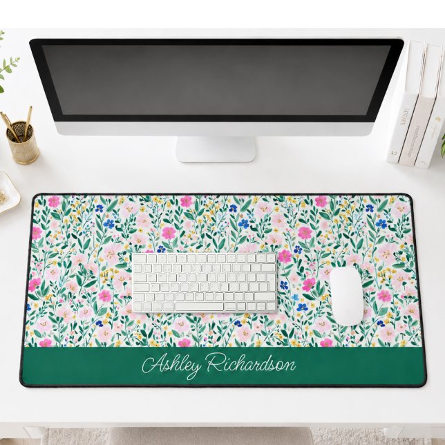 Floral Garden Personalised Desk Mat (elegant preppy pretty green pink floral desk pad with custom name monogram in script)