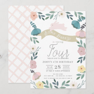 Floral Garden Pink Bunny Girl Birthday Invitation