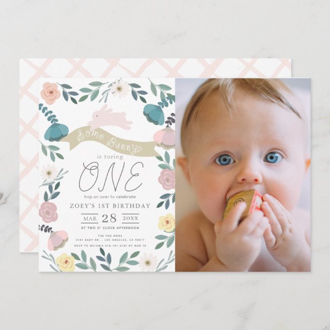 Floral Garden Pink Bunny Girl Photo 1st Birthday Invitation (Front/Back)