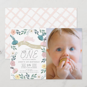 Floral Garden Pink Bunny Girl Photo 1st Birthday Invitation