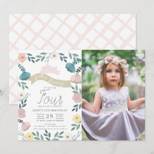Floral Garden Pink Bunny Girl Photo Birthday Invitation