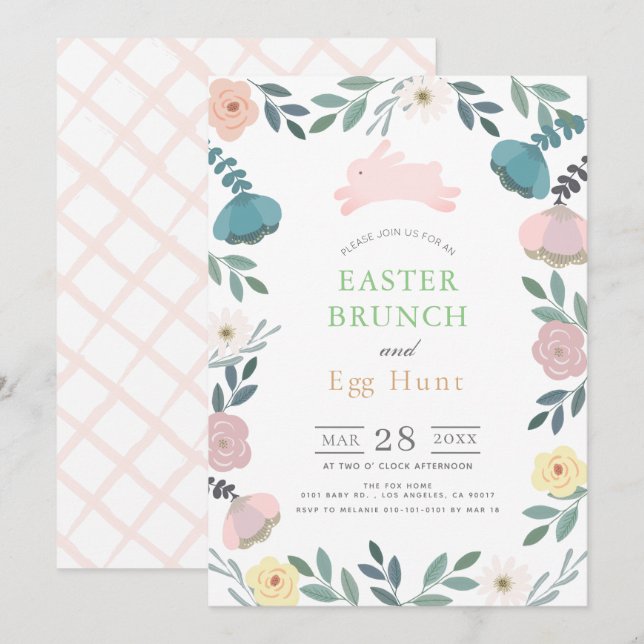 Floral Garden Pink Bunny White Easter Brunch Invitation (Front/Back)