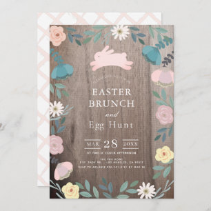 Floral Garden Pink Bunny Wood Easter Brunch Invitation