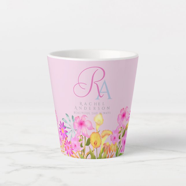 Floral Garden Pink Monogram Latte Mug (Front)