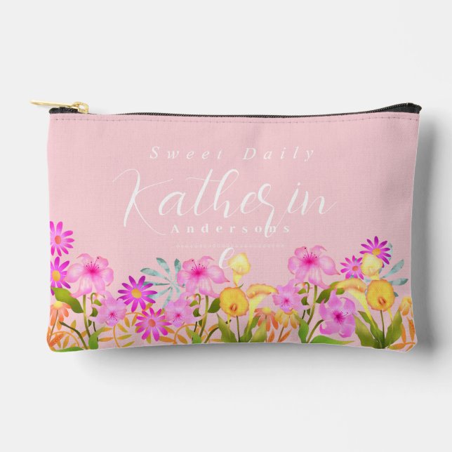 Floral Garden Pink Personalised Accessory Pouch (Front)