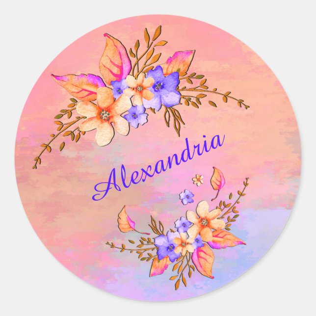 Floral Garden Pink Watercolor Personalise Classic Round Sticker (Front)