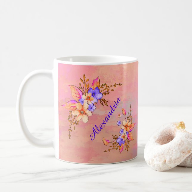 Floral Garden Pink Watercolor Personalise Coffee Mug (With Donut)
