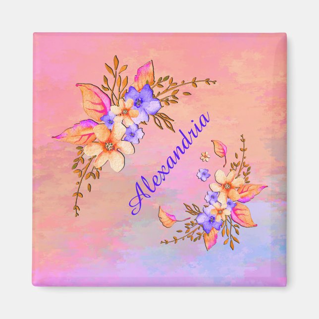 Floral Garden Pink Watercolor Personalise Magnet (Front)