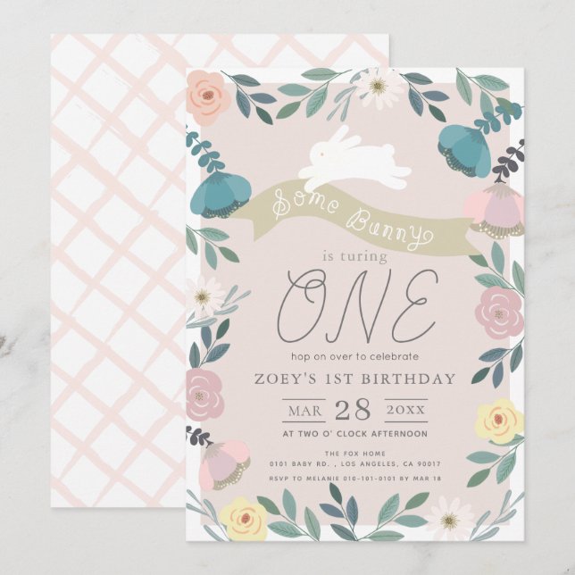 Floral Garden Pink White Bunny Girl 1st Birthday Invitation (Front/Back)