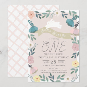 Floral Garden Pink White Bunny Girl 1st Birthday Invitation