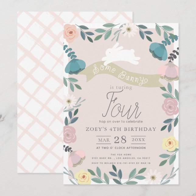 Floral Garden Pink White Bunny Girl Birthday Invitation (Front/Back)