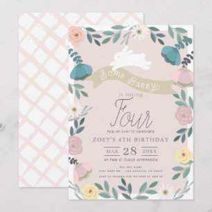 Floral Garden Pink White Bunny Girl Birthday Invitation