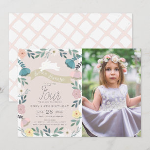 Floral Garden Pink White Bunny Girl Photo Birthday Invitation