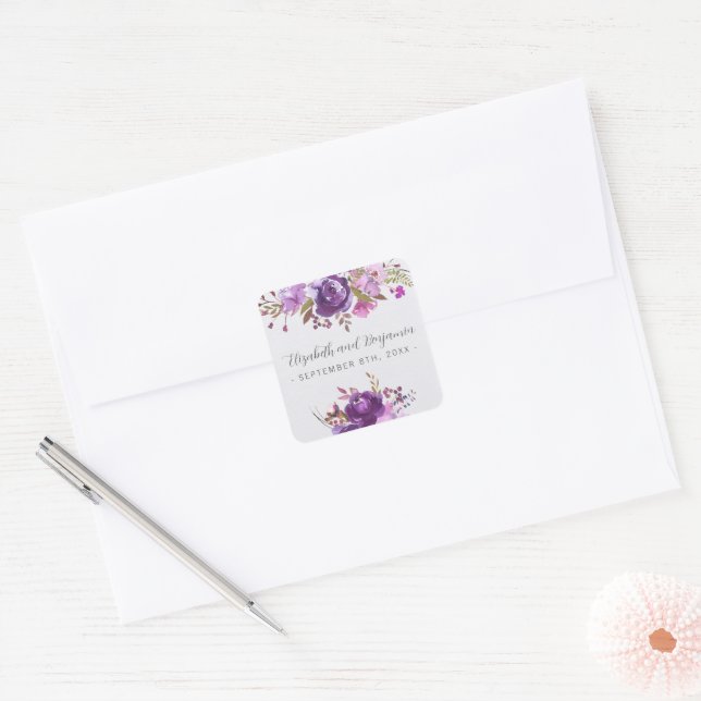 Floral Garden Purple Violet Lavender Peony Wedding Square Sticker (Envelope)