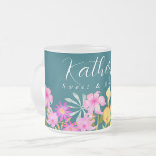 Floral Garden Teal Frosted Glass Coffee Mug