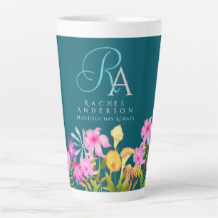 Floral Garden Teal Monogram Latte Mug