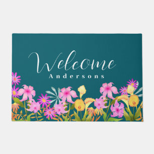 Floral Garden Teal Welcome Doormat