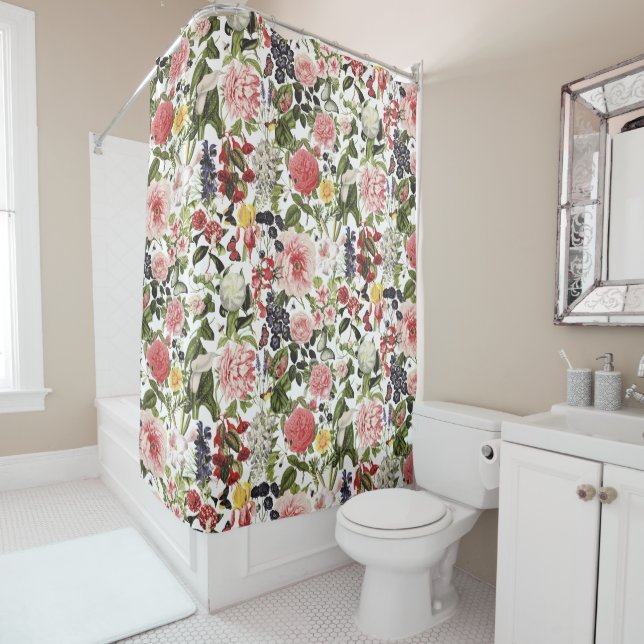 Floral Garden Vintage Botanical Flowers Shower Curtain (In Situ)
