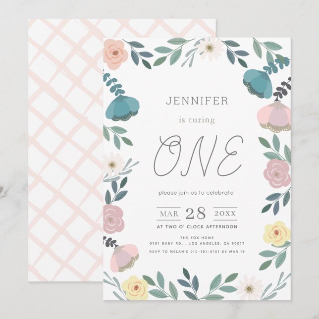 Floral Garden White GIrl 1st Birthday Invitation (Front/Back)