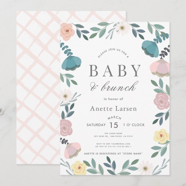 Floral Garden White Girl Brunch Baby Shower Invitation (Front/Back)