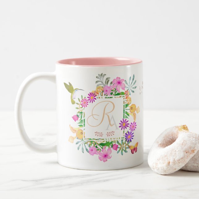 Floral Garden White Monogram Mug (With Donut)