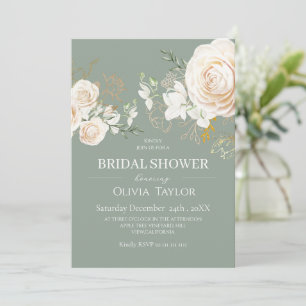 Floral Garden White Roses Sage Green Bridal Shower Invitation