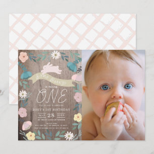 Floral Garden Wood Bunny Girl Photo 1st Birthday Invitation