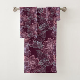 Floral Gardenia Flowers Foliage Dark Red Backgroun Bath Towel Set