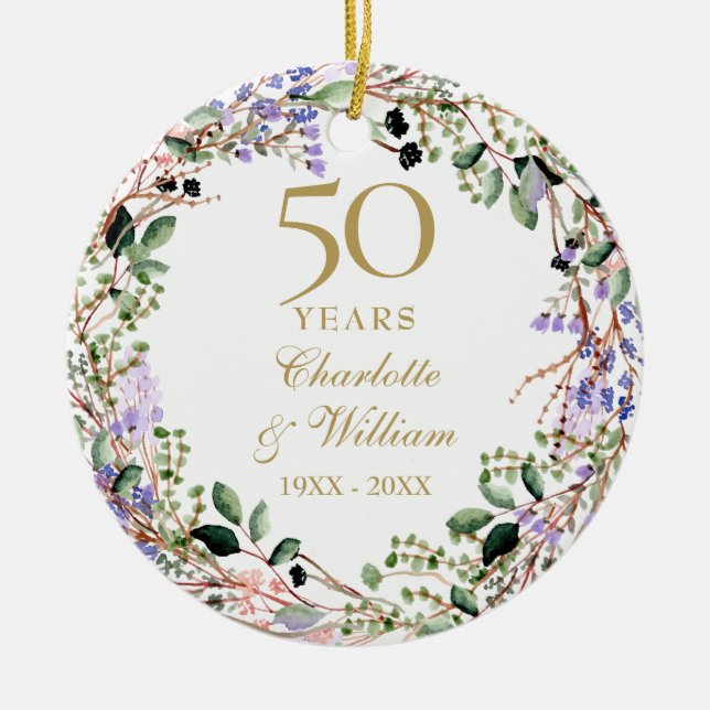 Floral Garland 50th Wedding Anniversary  Ceramic Tree Decoration (Front)
