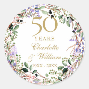 Floral Garland 50th Wedding Anniversary  Classic Round Sticker