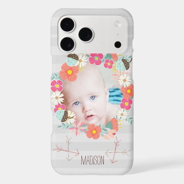 Floral Garland Acorns Arrows New Baby Photo (Back)