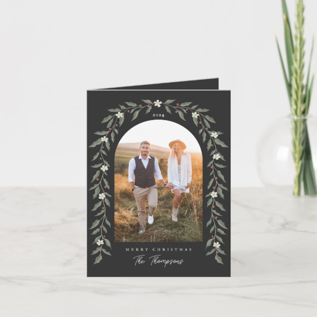 Floral Garland Arched Photo Black Christmas Card (Front)