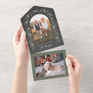 Floral Garland Arched Photo Black Christmas Card