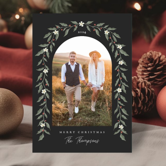 Floral Garland Arched Photo Black Christmas Card (Floral Garland Arched Photo Black Christmas Card)