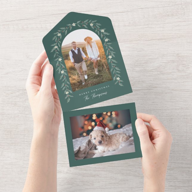 Floral Garland Arched Photo Green Christmas Card (Tearaway)